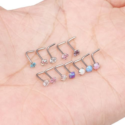 Hypoallergenic Nose Rings Studs 18G & 20G Surgical Steel Nose Studs L Shaped Nostril Piercing Jewelry with Cubic Zirconia for Women & Men - color: 20g,L-shape,crystal+opal