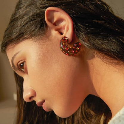 Chunky Acrylic Hoop Earrings for Women Thick Rhinestone Resin Open Hoops Colorful Geometric Earrings Lightweight Hypoallergenic for Sensitive Ears - color: CZ-Red