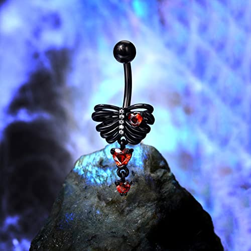Black Skeleton Heart Belly Button Rings Dangle Halloween Navel Rings 14G Belly Piercing Jewelry Stainless Steel - color: Red