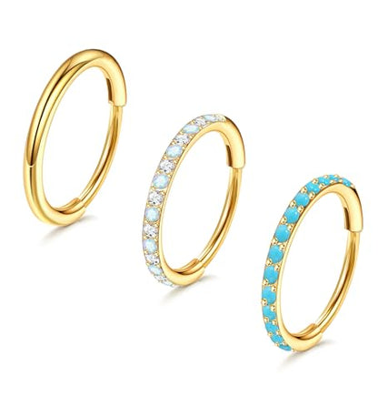 3pcs Nose Rings Hoops - 316L Surgical Steel Nose Hoops 16G/18G/20G CZ Opal Turquoise Clicker Septum Nose Ring Lip Helix Cartilage Hoop Earring Daith Rook Conch Body Piercing Jewelry for Women Men 6mm 8mm 10mm - color: Gold, size: 20 gauge(0.8mm)-8mm