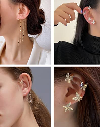 Tornito 4Pcs Butterfly Long Tassel Ear Cuff Dangle Chain Earrings Wrap Crawler CZ Ear Clip Wrap Around Fake Earrings for Women Silver Gold Tone Right Ear - color: B:Gold Tone(Right Ear)