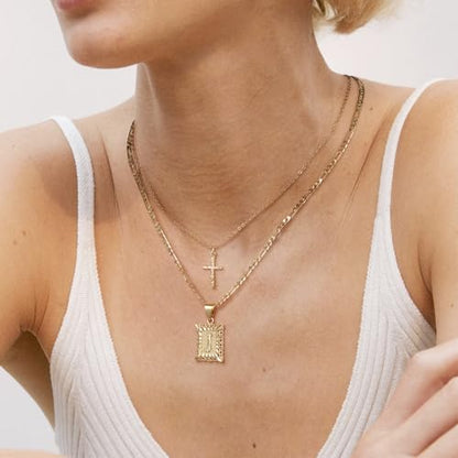 KELORIS PATH Gold Layered Initial Cross Necklace, 14K Gold Plated Layering Square Letter Pendant Figaro Chain Cross Choker from A-Z Capital Jewelry for Women Girls | 14K Gold Plated Square/Hexagon Letter Pendant with Figaro Chain, Stackable Jewelry Gifts,