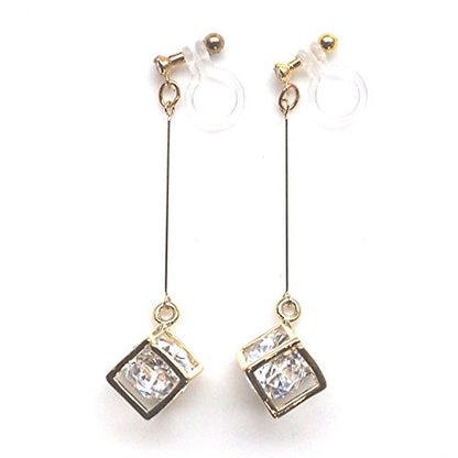 Drop Cubic Zirconia Invisible Clip On Earrings for Women Not Pierced Gold Teardrop Sqaure CZ Crystal Dangle Gold Silver Comfortable Clip On Earrings Bridal Wedding Prom - color: Cube Gold