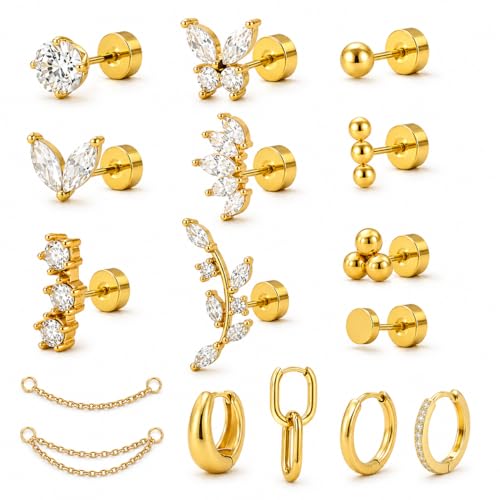 16 Single Gold Flat Back Earrings Set, Cartilage Piercing Jewelry | 316L stainless steel, 18K gold plated, nickel-free and hypoallergenic; studs, hoops, climbers and chains for ear stacks.