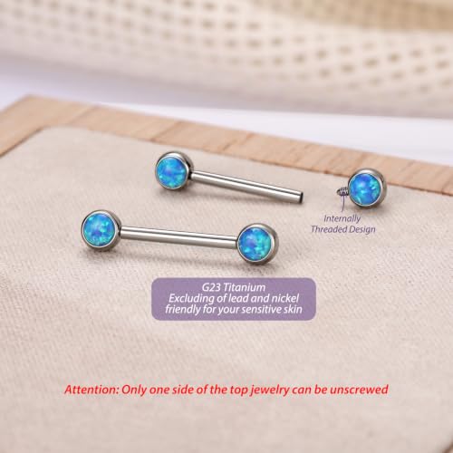 FUNLMO 2pcs Nipple Piercing Jewelry Titanium Nipple Rings Internally Threaded Tongue Rings Bridge Piercing Jewelry Nipple Barbells 14G 12-20mm - color: Silver,Blue Opal