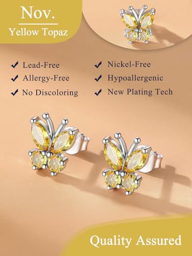 Suplight Butterfly Stud Earrings 925 Sterling Silver 14K Gold Brithstone Earrings for Women Brithstone Jewelry Gifts - color: 11.November ( Citrine), size: Silver