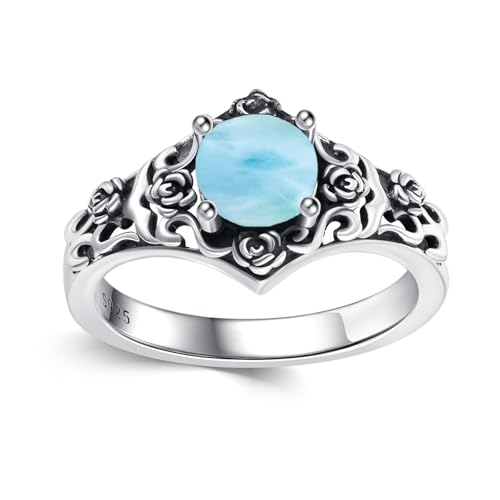 Vintage Style 1 Carat Round Cut Birthstone Ring 925 Sterling Silver Stone with Oxidized Rose Filigree Anniversary Engagement Ring for Women Gifts Size 5-12 - color: Larimar