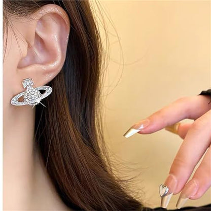 Dreuyet Saturn Pearl Necklace and Earrings Set Crystal Planet Earrings Dainty Artificial Pearl Choker Necklace Charm Gifts for Mum Wife Wedding Birthday Anniversary - color: Saturn Earrings Necklace Bracelet Silver