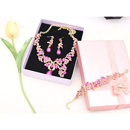 Jewelry Set for Women, Statement Necklace Dangle Earrings Bracelet Ring, White/KC Gold Plated Jewelry Set with Rhinestone Pearl Crystal Wedding Party Jewelry for Bridal Bridesmaid - color: Set001-Style2-Rose Red-Gold Plated