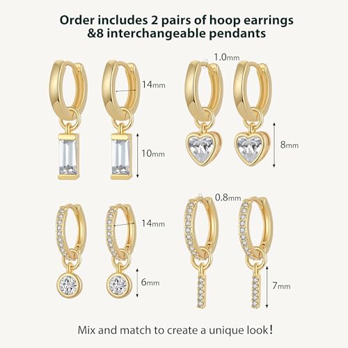 14K Gold Plated Huggie Earrings and Charm Set for Women |Mix and Match Earring Pack with Cubic Zirconia Star Heart Flower Bow Small Hoop Earrings with Charms