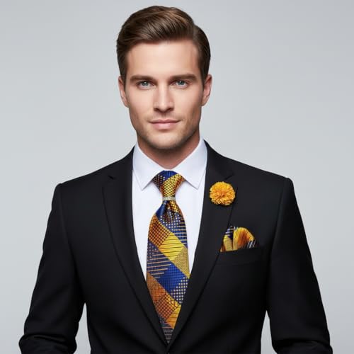 5PCS Mens Silk Tie, Pocket Square, Cufflinks, Drilled Tie Ring and Lapel Pin Set for Wedding Groom Party - color: Gold and Blue Tie Set -70