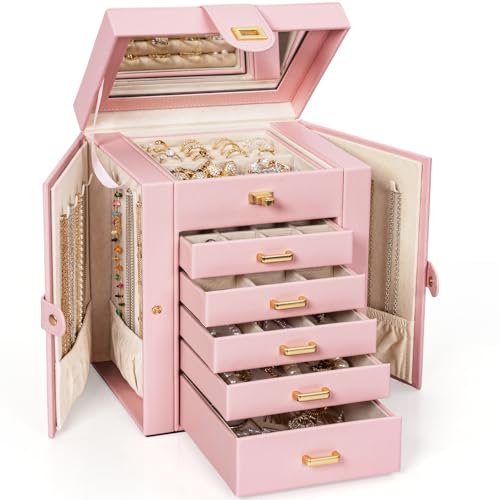 AKOZLIN 6-Tier Jewelry Box Organizer Functional 5 Drawers Leather Jewelry Storage Case for Women Girls Ring Necklace Earring Bracelet Holder Organizer with Mirror Light Pink Regular - color: Light Pink, size: Regular