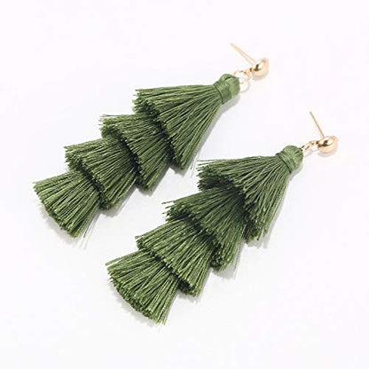 BaubleStar Bohemian Layered Tassel Drop Earrings for Women | Lightweight Statement Party Festival Jewelry - color: Green