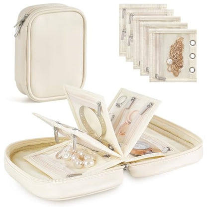 Mkono Travel Jewelry Case Mini Travel Jewelry Organizer Pouch with 5 Pages | Double Sided Velvet Pages, PU Shell, Adjustable Ring Binders, PVC Windows, Storage for Necklaces Earrings Rings Bracelets