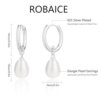 Robaice Pearl Earrings for Women, 14K Gold Plated Dangle Drop Earrings | Small Pearl Drop Huggie Hoop Earrings, Hypoallergenic Dainty Gold Earrings, Wedding Jewelry Gifts for Women Trendy - style: silver drop pearl earrings