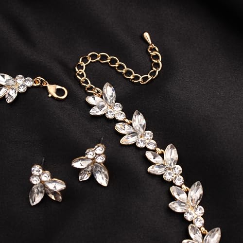 Bridal Wedding Crystal Leaf Choker Necklace Dangle Earring Bracelet Brides Bridesmaid Jewelry Set for Women - color: White-Gold Plated