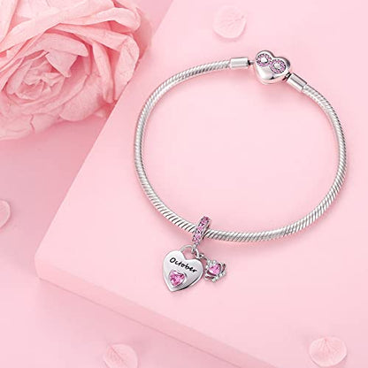Birthstone Charms for Charms Bracelet: 925 Sterling Silver Heart Dangle Charms for Bracelets and Necklaces, Birthday Mother's Day Christmas Gifts For Women. - color: October
