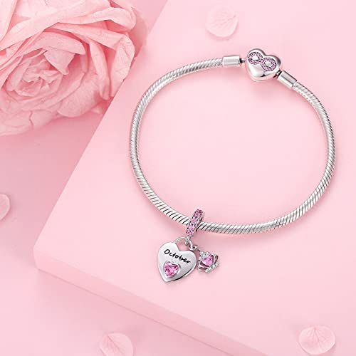 Birthstone Charms for Charms Bracelet: 925 Sterling Silver Heart Dangle Charms for Bracelets and Necklaces, Birthday Mother's Day Christmas Gifts For Women. - color: October
