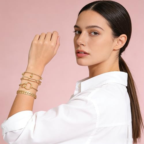 Alegend 14K Gold Plated Stackable Multilayer Bracelets + Titanium Steel(Not Rust, Resist Corruption, Easily Clean) 18K Gold Plated Single Bracelets - color: 14K Gold + 4PCS C