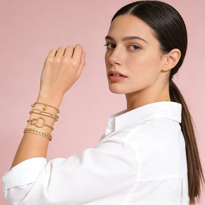 Alegend 14K Gold Plated Stackable Multilayer Bracelets + Titanium Steel(Not Rust, Resist Corruption, Easily Clean) 18K Gold Plated Single Bracelets - color: 14K Gold + 4PCS C
