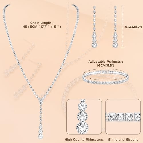 Jstyle Silver Bridal Jewelry Set for Women Rhinestone Necklace Dangle Earrings Bracelet Set Wedding Jewelry Sets for Brides Bridesmaid Crystal Prom Costume Jewelry Accessories for Women
