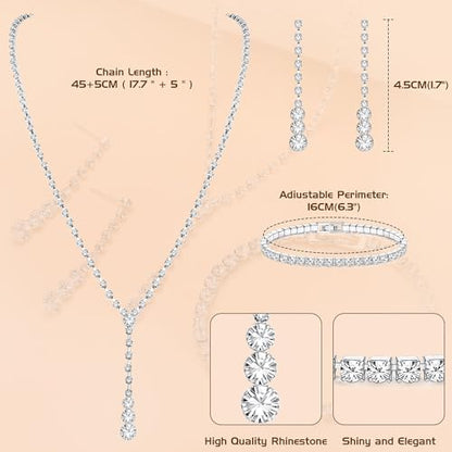 Jstyle Silver Bridal Jewelry Set for Women Rhinestone Necklace Dangle Earrings Bracelet Set Wedding Jewelry Sets for Brides Bridesmaid Crystal Prom Costume Jewelry Accessories for Women
