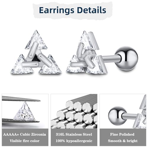 Unisex Geometric Triangle Stud Earrings, Stainless Steel Minimalist Cubic Zirconia Pierced Post Earrings for Men Women - style: Three Zircons-Sliver