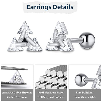 Unisex Geometric Triangle Stud Earrings, Stainless Steel Minimalist Cubic Zirconia Pierced Post Earrings for Men Women - style: Three Zircons-Sliver