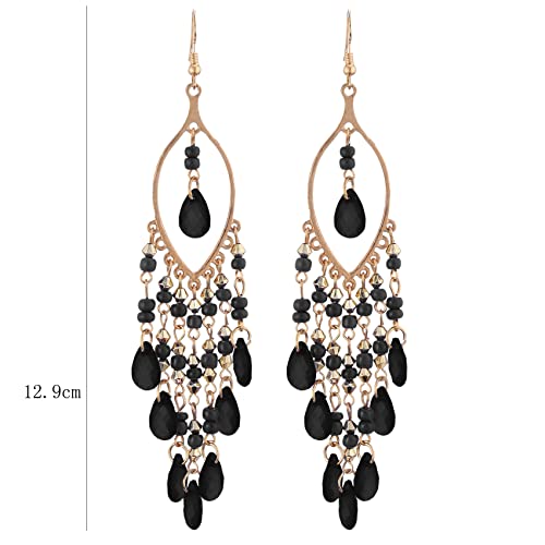 Essencedelight Crystal Beaded Tassel Earring Long Beaded Dangle Earring Fringe Hook Earring for Women Bridal Wedding - color: black