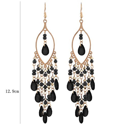 Essencedelight Crystal Beaded Tassel Earring Long Beaded Dangle Earring Fringe Hook Earring for Women Bridal Wedding - color: black