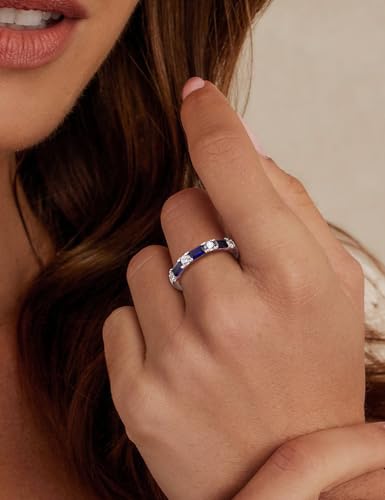 3.5mm Half Eternity Band Sterling Silver Rings for Women Sapphire/Ruby/Emerald and Cz Wedding Bands 7 Stone Stackable Birthstone Ring Anniversary Jewelry Size 6-10 - color: 09-Sapphire-Sep.