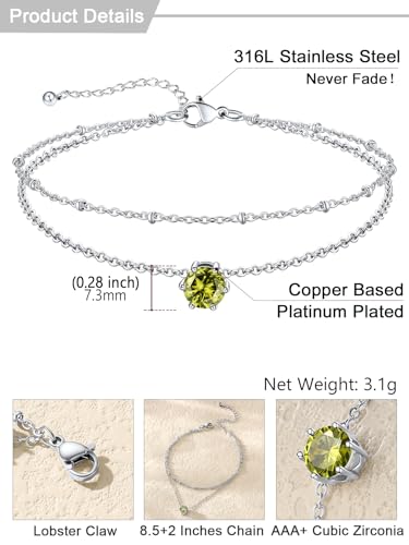 U7 Silver Ankle Bracelet for Women, Waterproof Layered Ankle Round Gem Birthstone Anklets, Summer Beach Foot Jewelry, Adjustable 8.5"-10.5" - color: 08.August-Peridot Yellow