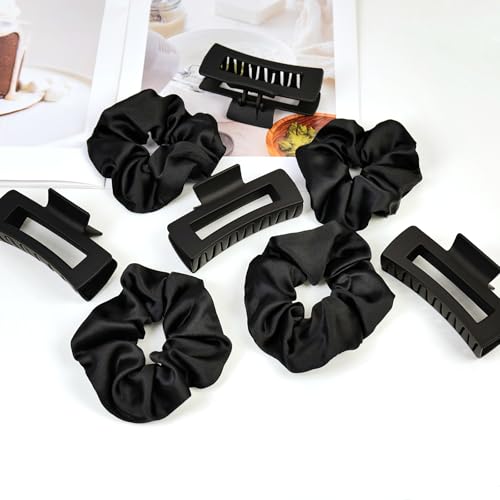8pcs Black Hair Accessories Set – Square Hair Clips for Women, Satin Hair Scrunchies for Thick Thin Hair, Non-Slip Matte Hair Claws, Birthday Gift - color: All Black Set