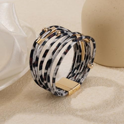 Wrapped Bracelets for Women,Leather Boho Bracelets for Women - color: Leopardprint-Silvergray