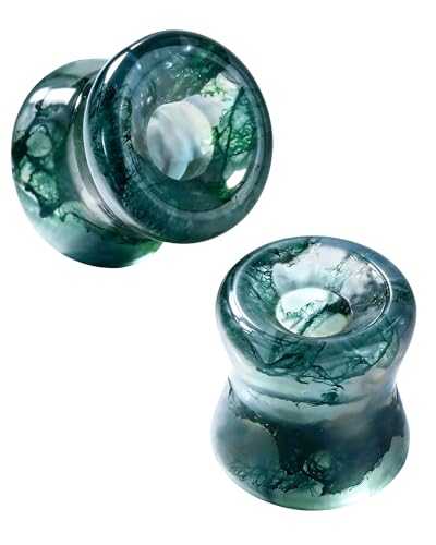 Jewseen 2g-5/8 Moss Agate Ear Gauges Plugs Real Natural Stone Double Flared Ear Tunnels Stretchers Gauges for Women Men Plugs Piercing Jewelry - size: 7/16''=11mm
