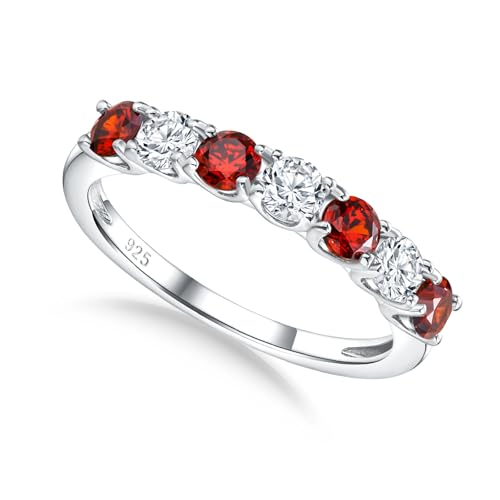 3.5mm Stackable Rings S925 Sterling Silver Created Birthstone & Cubic Zirconia Ring for Women Wedding Bands Anniversary Birthday Jewelry Size 6 to 10(with Box) - color: 01-Created Garnet & CZ-Jan
