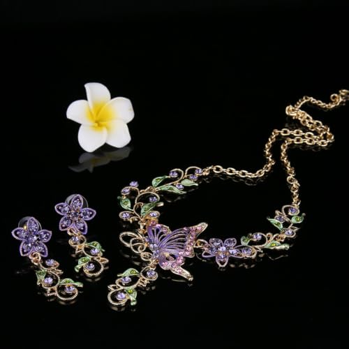 EleQueen Women's Crystal Butterfly Flower Leaf Necklace Earrings Set | Crystal Jewelry Set for Brides Bridesmaids, Necklace Set for Party - color: Gold-Tone Purple