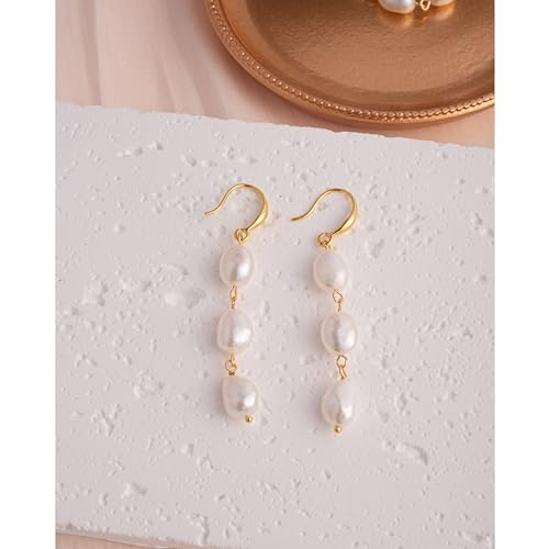 Long Pearl Earrings for Women 14K Gold Plated Sterling Silver Baroque Pearl Dangle Drop Earrings With Elegant Hook