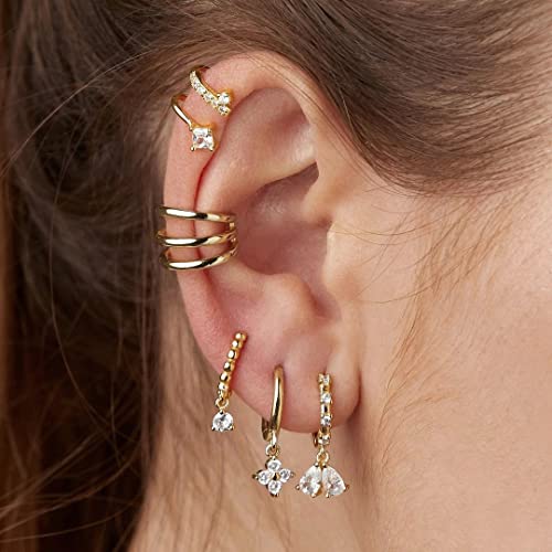 DAILY VIBES Cute Gold Mini Dangle Huggie Hoop Earrings for Women Trendy | 14K Gold Plated, Dainty Cubic Zirconia, Small Hoop Earrings with Charm Drop, Jewelry Gift for Women Ladies - color: Small Flower CZ