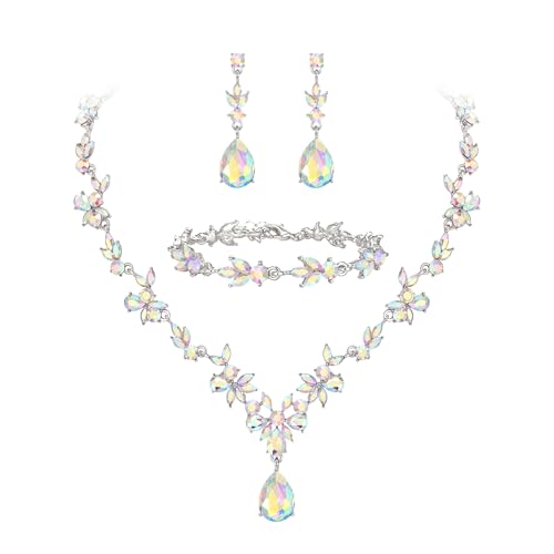 BriLove Wedding Jewelry Set for Women,Gorgeous Crystal Bridal Accessories | Y-Necklace Tennis Bracelet Dangle Earrings Set,Shiny Teardrop Marquise Cluster,Prom Party Jewelry,for Bride Bridesmaid - color: 09-Iridescent AB Silver-Tone