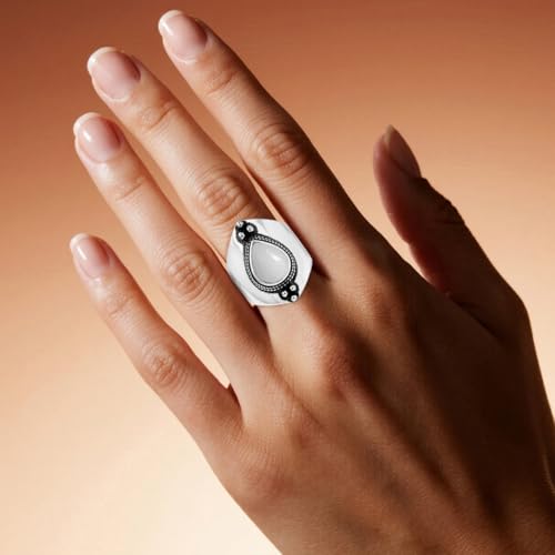 Natural Waterdrop Stone Wide Band Ring,Sterling Silver Genuine Teardrop Crystal Quartz Gemstone Statement Wide Chunky Full Finger Band Ring for Women - color: A03_White Agate
