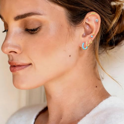 12 Pairs Stud & Hoop Earrings Set for Women 2-5mm Colorful Ball & Cubic Zirconia Stud earrings 8/10/12mm Hoop Earrings Hypoallergenic Stainless Steel Jewelry Gift Collection - color: light blue