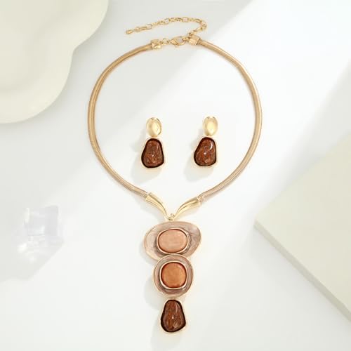 Chunky Statement Jewelry Set Blue Ocean Seashell Choker Necklaces Earrings Set for Women Pearl Bib Collar Necklaces for Party Prom Pageant Summer Fashion Jewelry Unique Birthday Gift - style: 3 stone Y Necklace Set gold brown