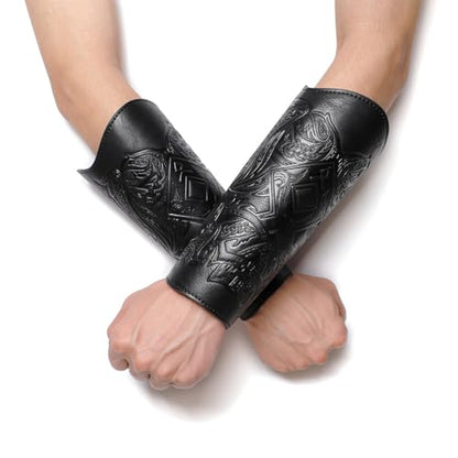 Medieval Leather Bracers Dragon Embossed Viking Leather Bracers Leather Arm Armer Cuff Leather Gauntlet Costumes Accessories - style: Viking Angle Wings Leather Bracers-black
