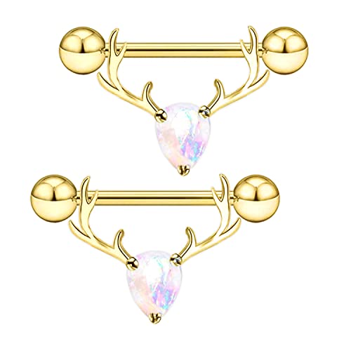 2PCS 14G 316L Stainless Steel Opal Nipple Rings Deer Head Nipple Barbell Nipple Piercings Jewelry for Women - color: gold