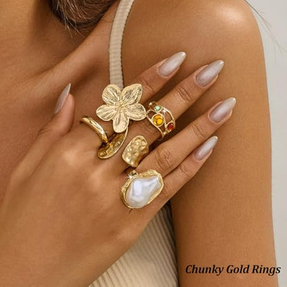 Chunky Stackable Rings Set for Women Non Tarnish Adjustable Open Stacking Knuckle Ring Chunky Joint Finger Midi Rings Pack Dainty Simple Statement Jewelry - style: D-6pcs flower pearl