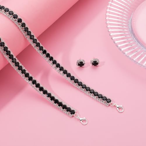 Women Rhinestone Crystal Jewelry Set Crystal Tennis Design Rhinestone Choker Necklace Link Bracelet Teardrop Earrings Set Wedding Bridal Bridesmaids Party - color: Silver Plated Black Crystal(2)
