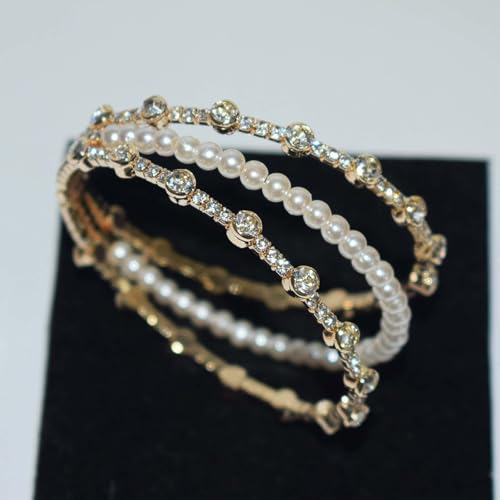 Triple-Row Open Cuff Bracelet for Women with Faux Pearl Center and Crystal-Set Metal Bands, Adjustable Bangle for Wedding and Daily Wear - color: SL-1325 Gold