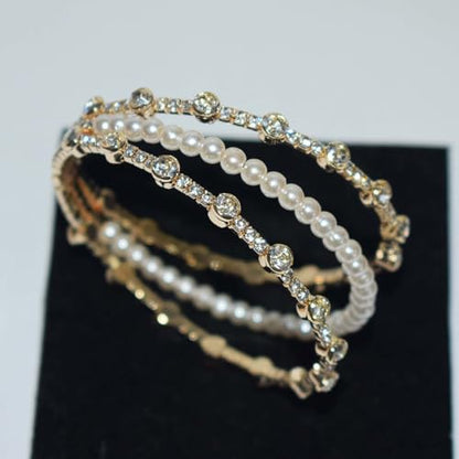 Triple-Row Open Cuff Bracelet for Women with Faux Pearl Center and Crystal-Set Metal Bands, Adjustable Bangle for Wedding and Daily Wear - color: SL-1325 Gold