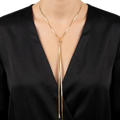 Long Necklaces for Women Dainty Y-Shaped- Slip Tie Thin Layered Chest Chain | Gold Choker Necklace for Women with Adjustable Slider Ball Drop Statement Necklace Simple